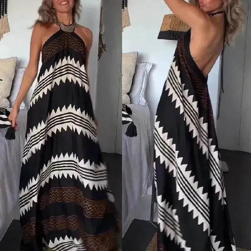 Women's Halterneck Printed Expansion Skirt For Vacation Beach Dress - www.Shopthatapp.com