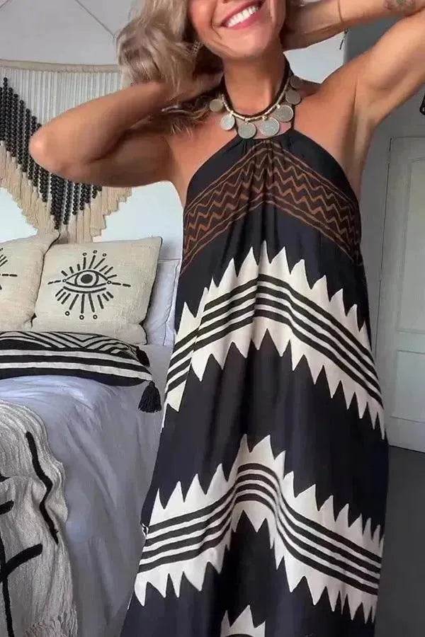 Women's Halterneck Printed Expansion Skirt For Vacation Beach Dress - www.Shopthatapp.com