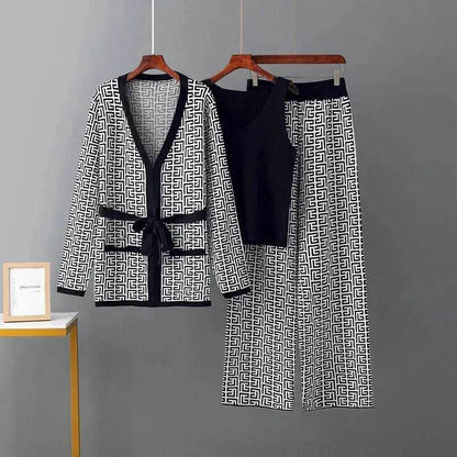 Women's Inverness V-neck Base Knitwear Wide-leg Trousers Three-piece Set - www.Shopthatapp.com