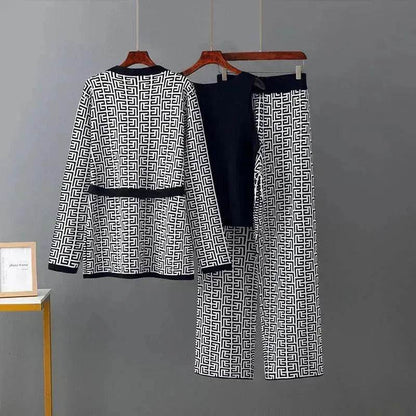 Women's Inverness V-neck Base Knitwear Wide-leg Trousers Three-piece Set - www.Shopthatapp.com