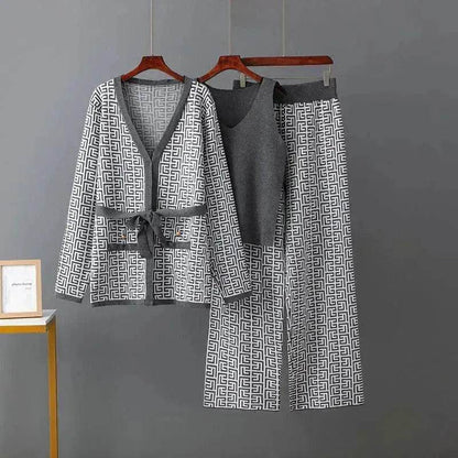 Women's Inverness V-neck Base Knitwear Wide-leg Trousers Three-piece Set - www.Shopthatapp.com