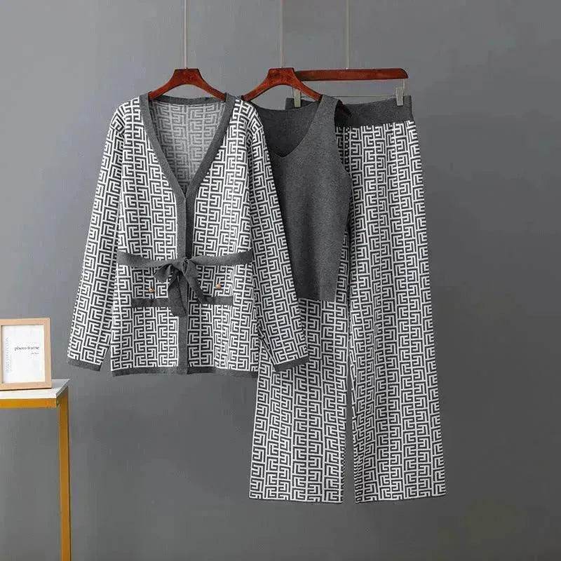 Women's Inverness V-neck Base Knitwear Wide-leg Trousers Three-piece Set - www.Shopthatapp.com