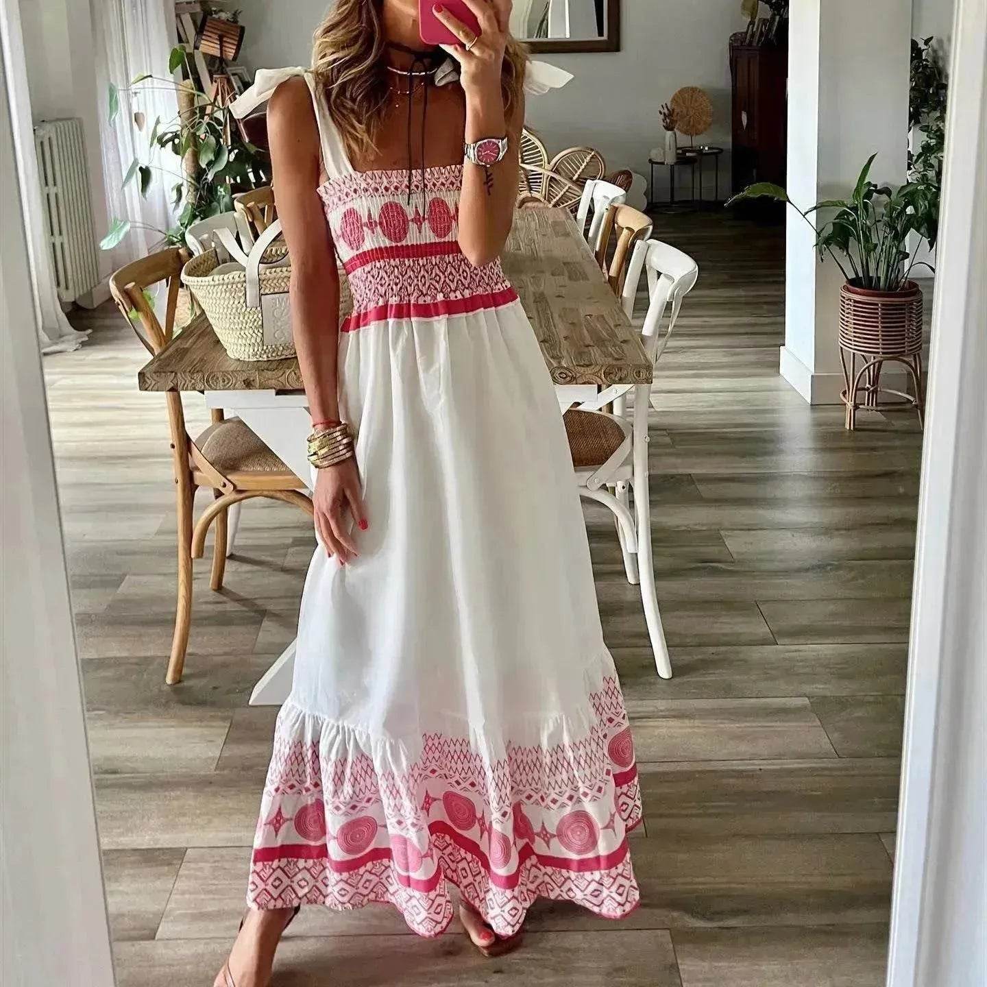 Women's Lace Up Printed Elastic Long Dress - www.Shopthatapp.com