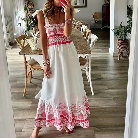 Women's Lace Up Printed Elastic Long Dress - www.Shopthatapp.com
