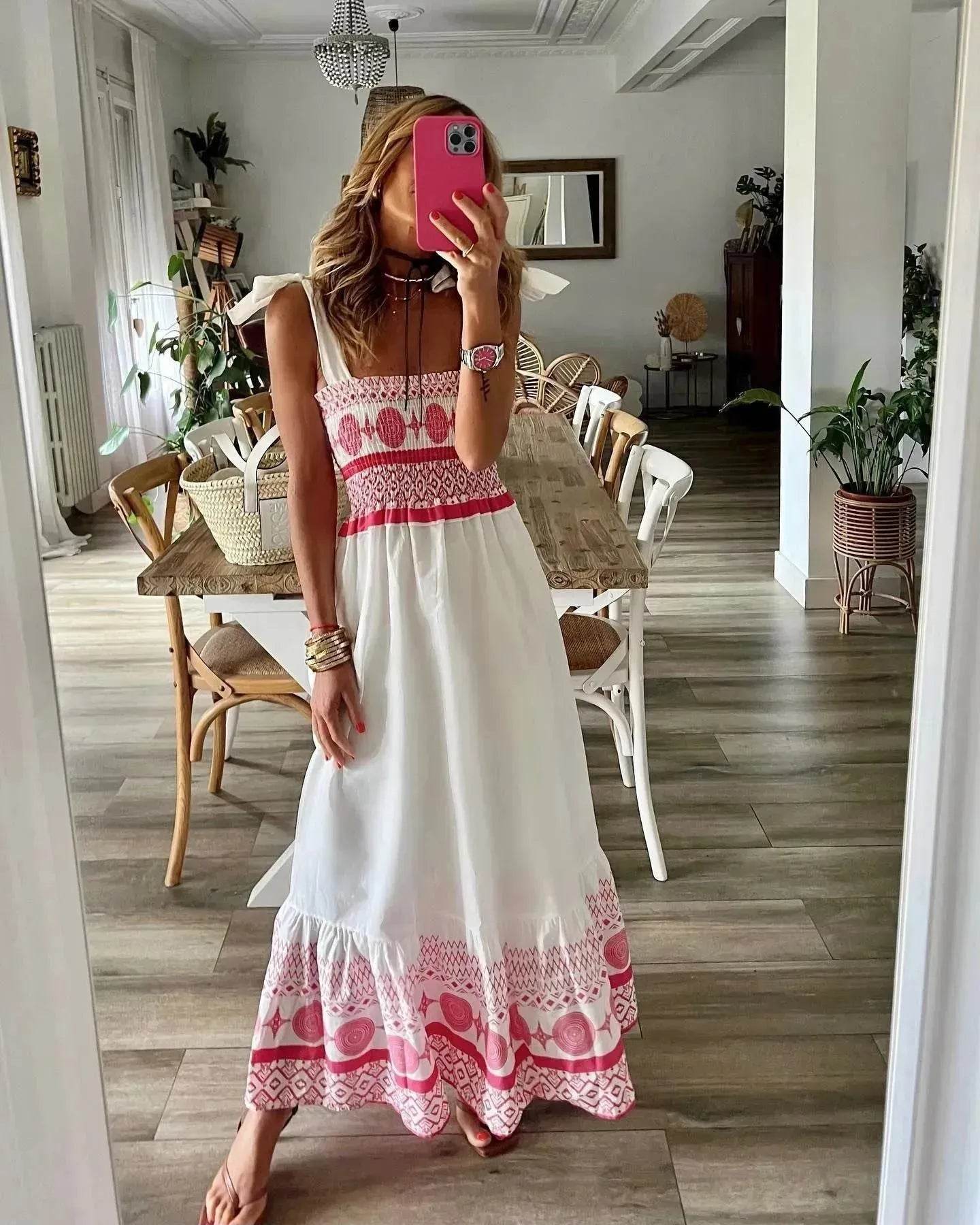 Women's Lace Up Printed Elastic Long Dress - www.Shopthatapp.com