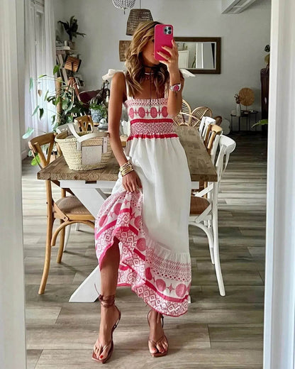 Women's Lace Up Printed Elastic Long Dress - www.Shopthatapp.com
