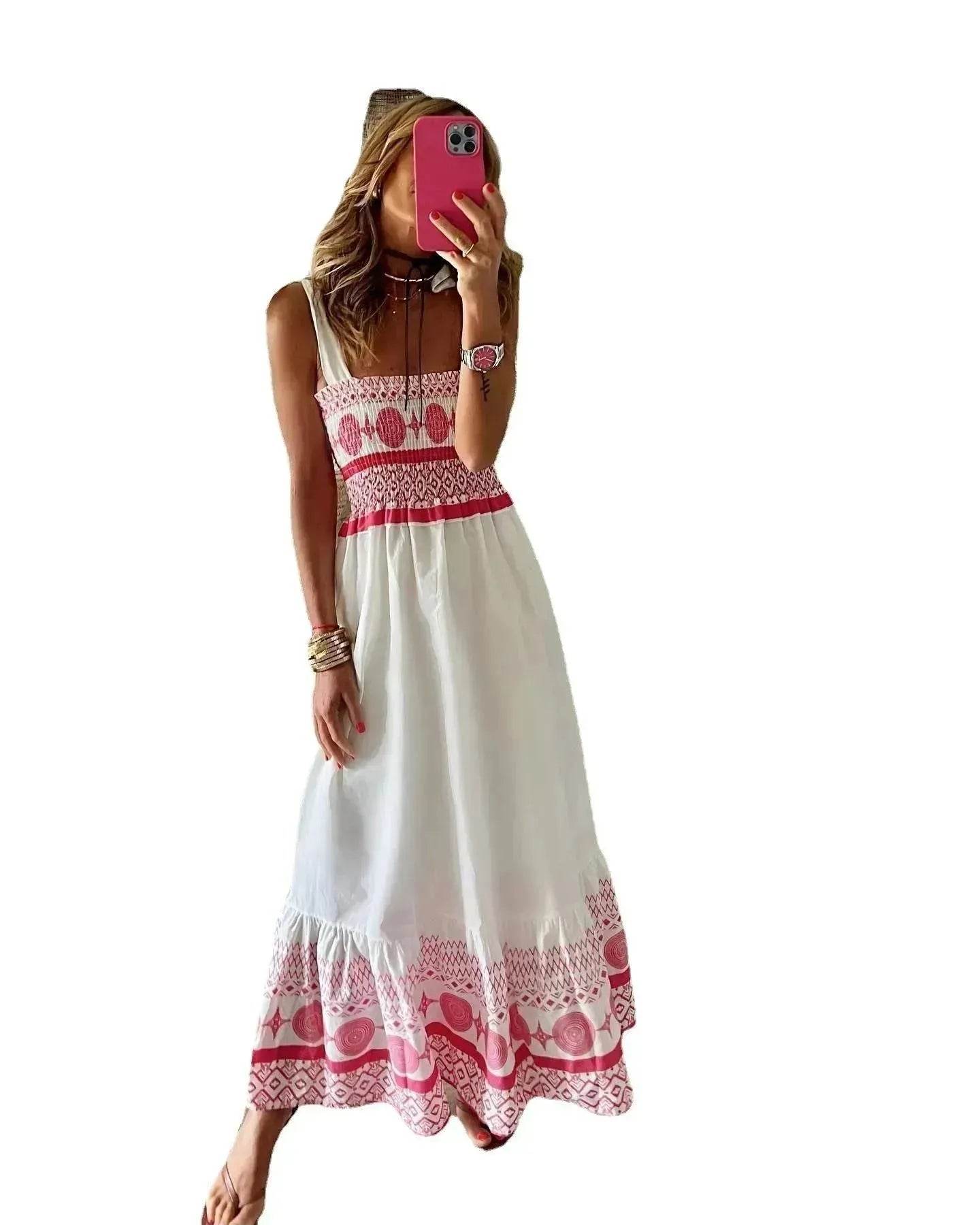 Women's Lace Up Printed Elastic Long Dress - www.Shopthatapp.com