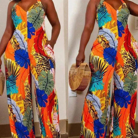 Women's Leaf Printed V-neck Jumpsuit - www.Shopthatapp.com