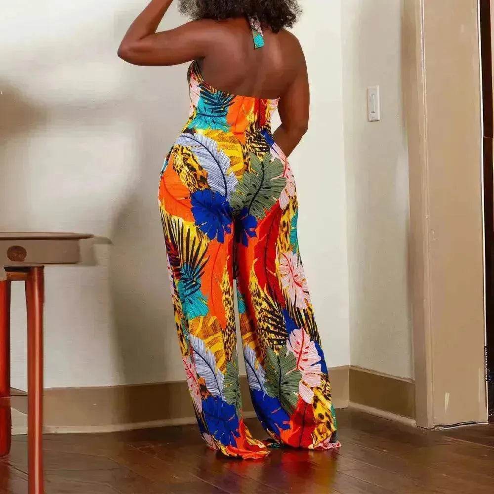 Women's Leaf Printed V-neck Jumpsuit - www.Shopthatapp.com