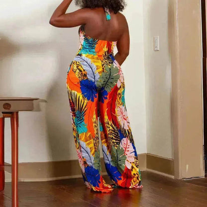 Women's Leaf Printed V-neck Jumpsuit - www.Shopthatapp.com