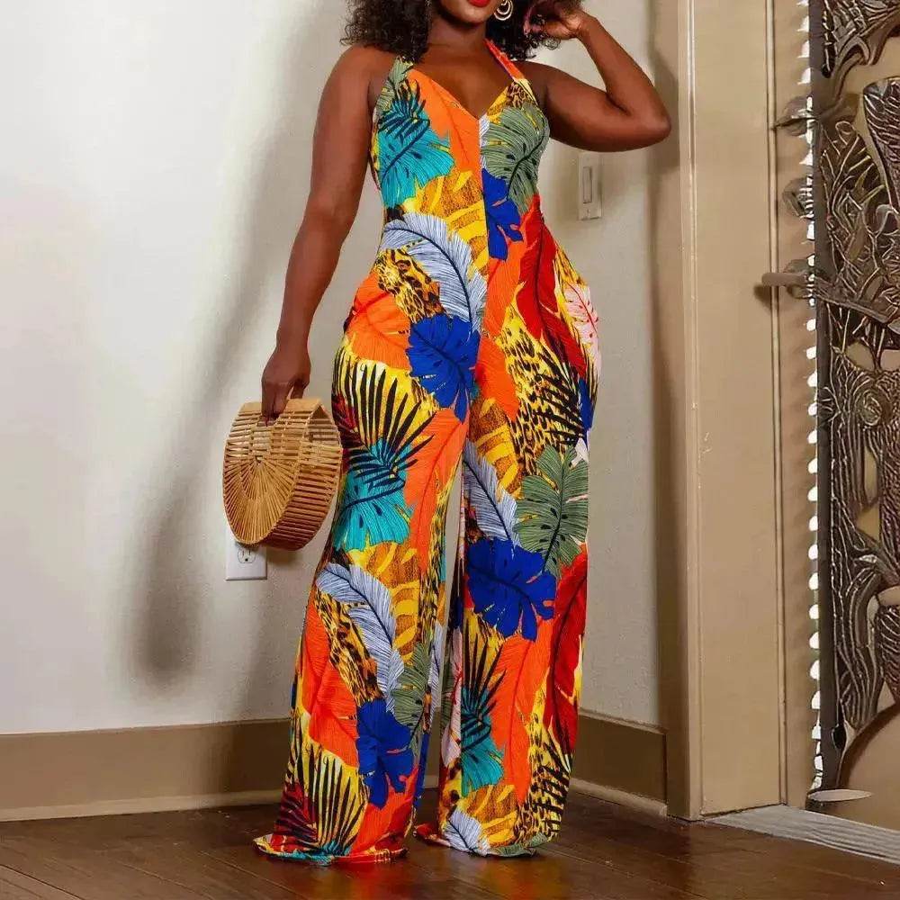 Women's Leaf Printed V-neck Jumpsuit - www.Shopthatapp.com