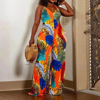 Women's Leaf Printed V-neck Jumpsuit - www.Shopthatapp.com