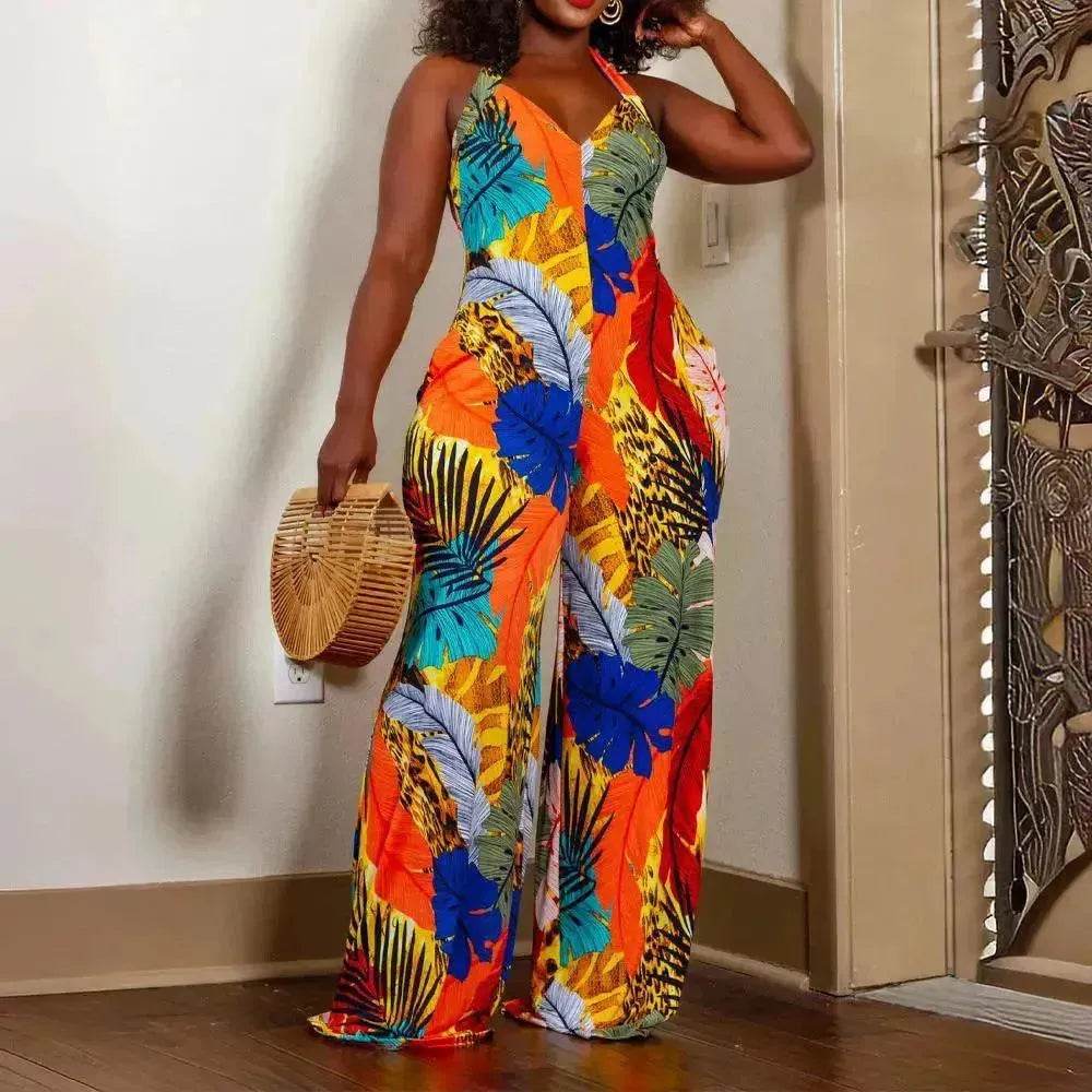 Women's Leaf Printed V-neck Jumpsuit - www.Shopthatapp.com