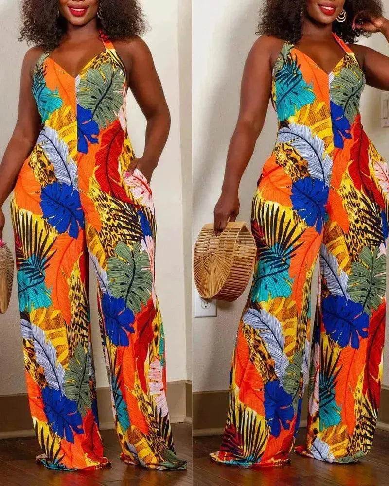 Women's Leaf Printed V-neck Jumpsuit - www.Shopthatapp.com