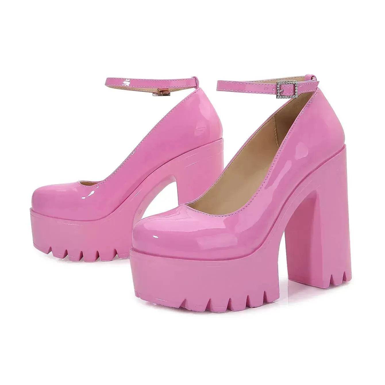 Women's New Thick Sole Shallow Mouth Round Toe Thick Heel Shoes Platform Heel Buckle Shoe Pink Shoe - www.Shopthatapp.com