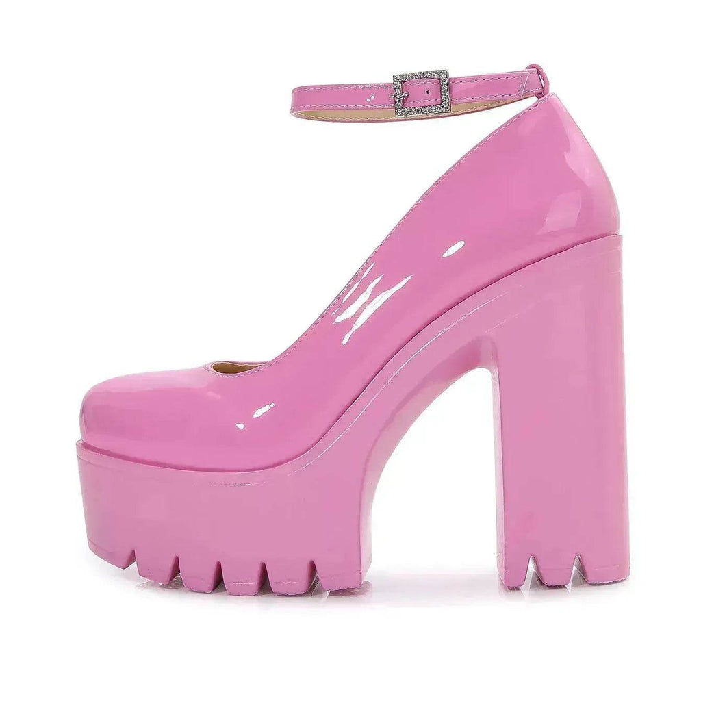 Women's New Thick Sole Shallow Mouth Round Toe Thick Heel Shoes Platform Heel Buckle Shoe Pink Shoe - www.Shopthatapp.com