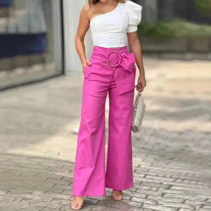 Women's Shoulder Puff Sleeve Top Wide Leg Pants Two-piece Set - www.Shopthatapp.com