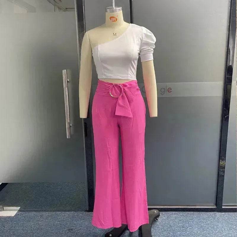 Women's Shoulder Puff Sleeve Top Wide Leg Pants Two-piece Set - www.Shopthatapp.com