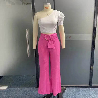 Women's Shoulder Puff Sleeve Top Wide Leg Pants Two-piece Set - www.Shopthatapp.com