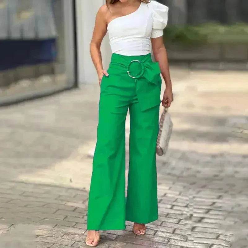 Women's Shoulder Puff Sleeve Top Wide Leg Pants Two-piece Set - www.Shopthatapp.com