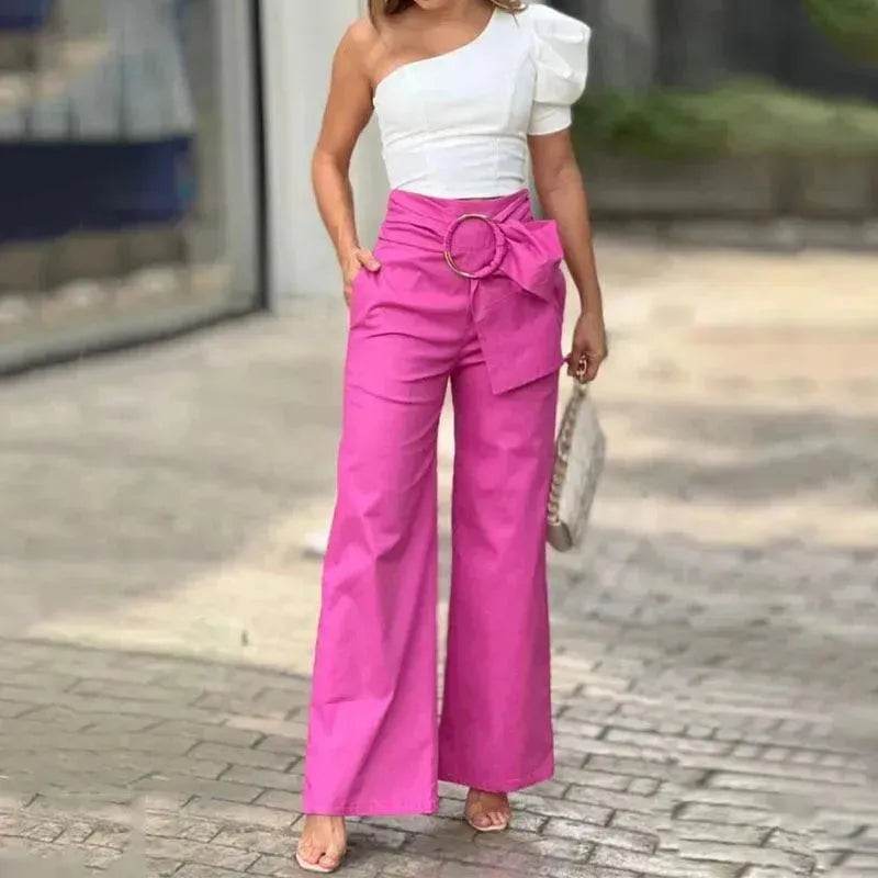 Women's Shoulder Puff Sleeve Top Wide Leg Pants Two-piece Set - www.Shopthatapp.com