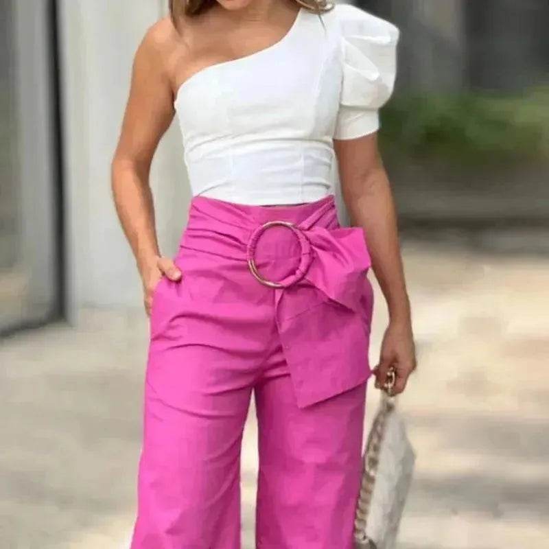 Women's Shoulder Puff Sleeve Top Wide Leg Pants Two-piece Set - www.Shopthatapp.com