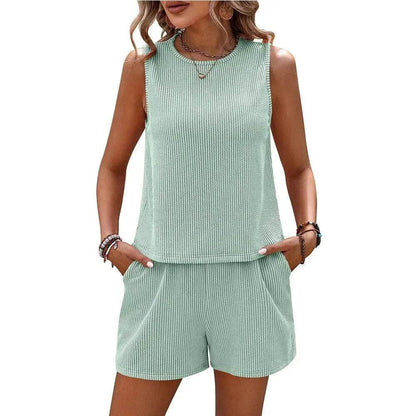 Women's Sleeveless Tank Top Shorts Striped Two-piece Suit - www.Shopthatapp.com