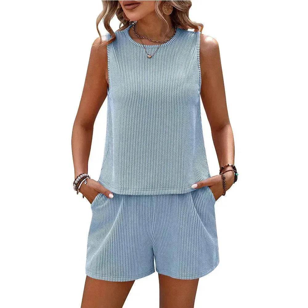 Women's Sleeveless Tank Top Shorts Striped Two-piece Suit - www.Shopthatapp.com