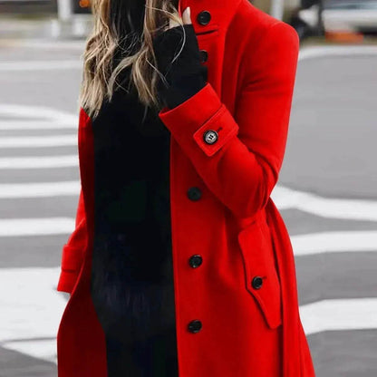 Women's Solid Color Button Slim-fit Woolen Overcoat - www.Shopthatapp.com