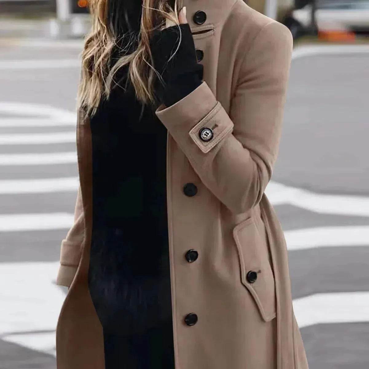 Women's Solid Color Button Slim-fit Woolen Overcoat - www.Shopthatapp.com