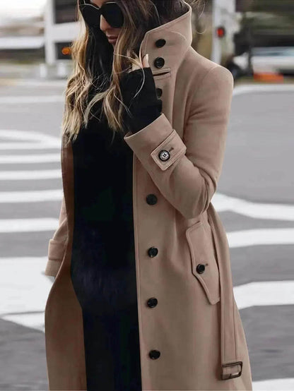 Women's Solid Color Button Slim-fit Woolen Overcoat - www.Shopthatapp.com