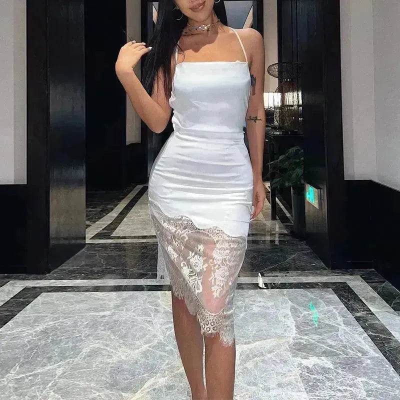 Women's Stitching Lace Tie Back Dress - www.Shopthatapp.com