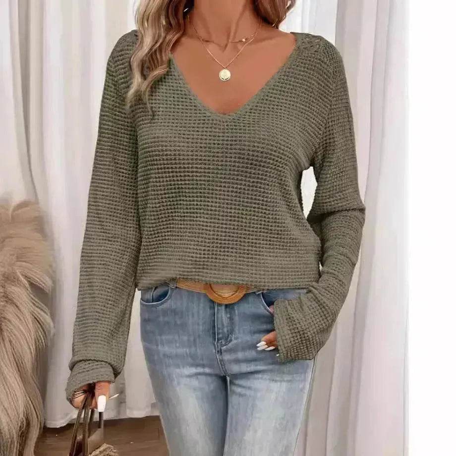Women's V-neck Solid Color Fashion Knitted Blouse - www.Shopthatapp.com