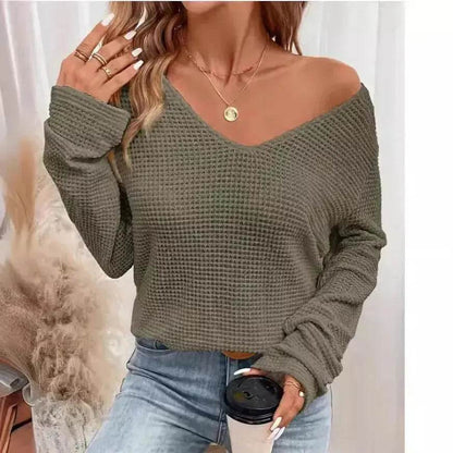 Women's V-neck Solid Color Fashion Knitted Blouse - www.Shopthatapp.com