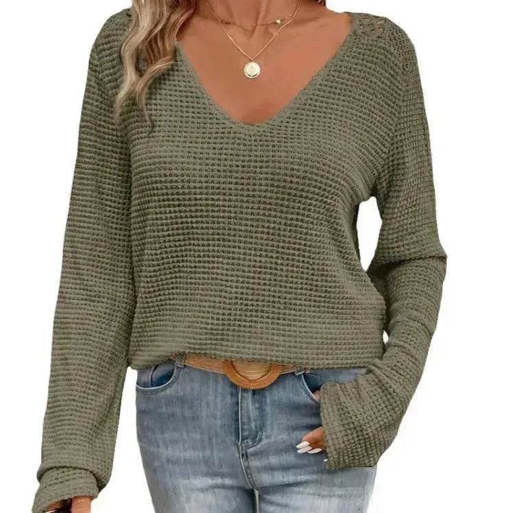 Women's V-neck Solid Color Fashion Knitted Blouse - www.Shopthatapp.com