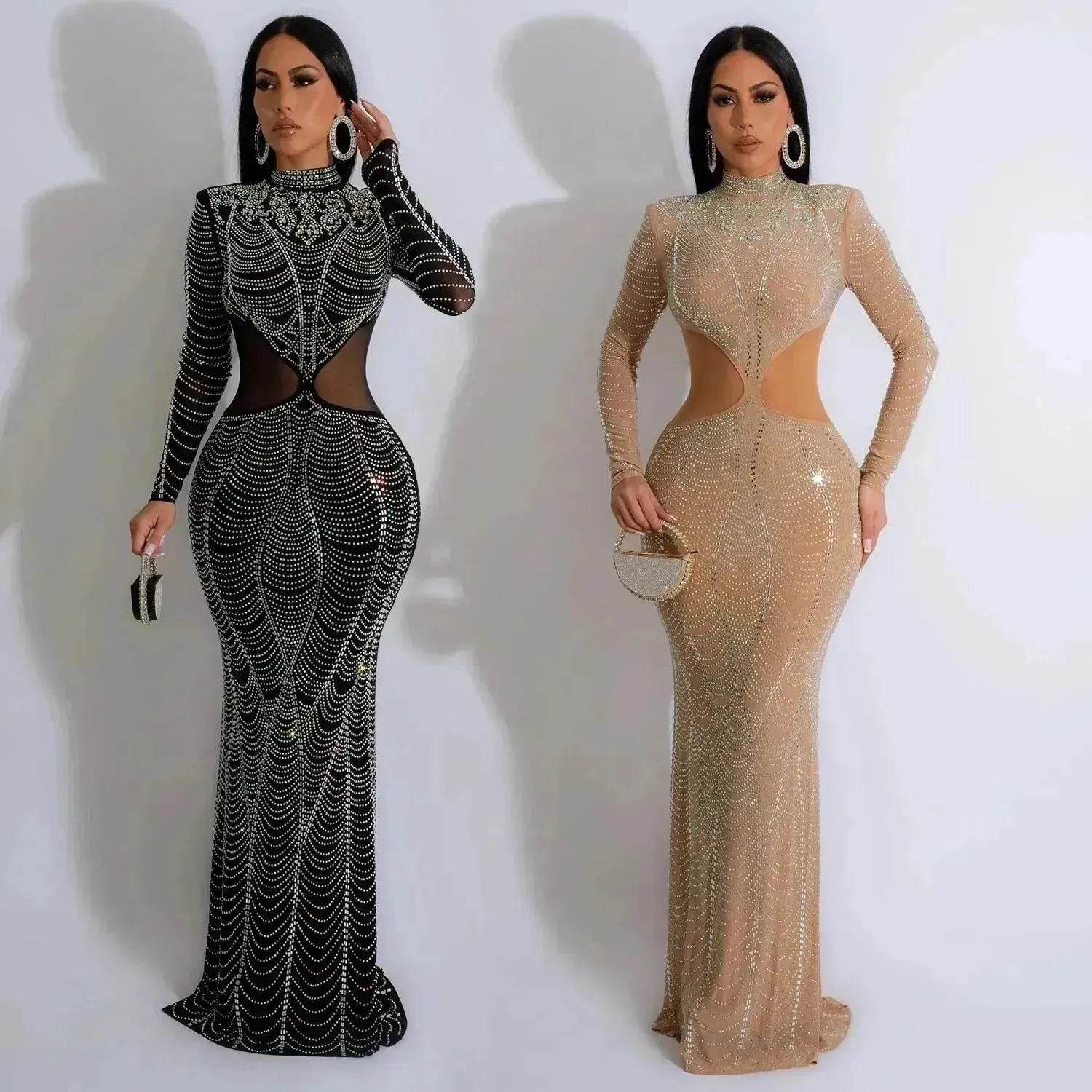 Women's Wear Pure Color Mesh Hot Drilling Dress - www.Shopthatapp.com