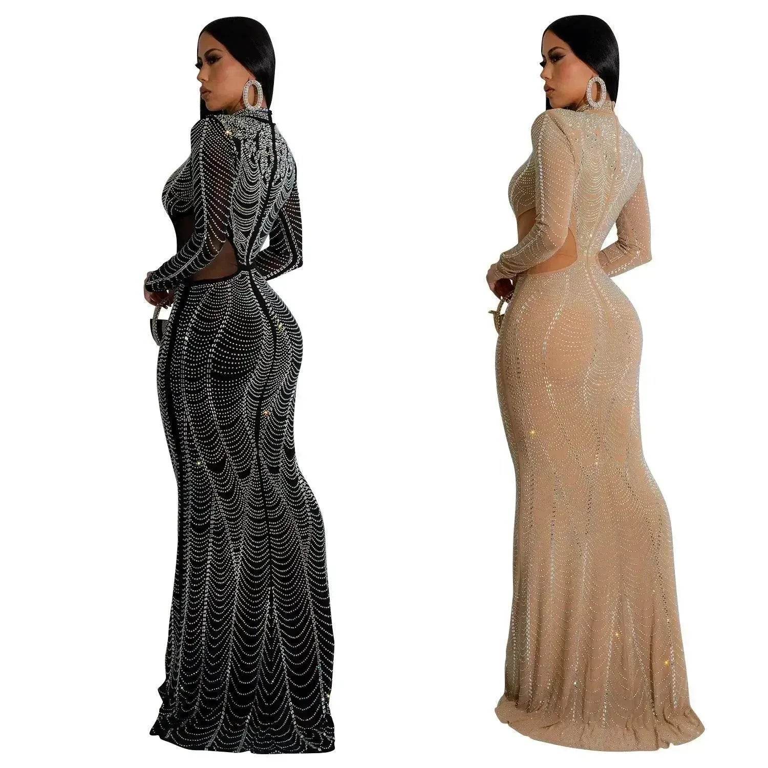 Women's Wear Pure Color Mesh Hot Drilling Dress - www.Shopthatapp.com