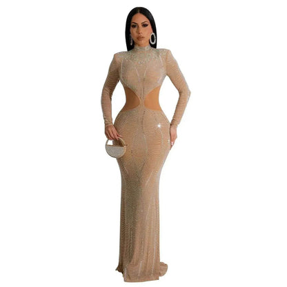 Women's Wear Pure Color Mesh Hot Drilling Dress - www.Shopthatapp.com