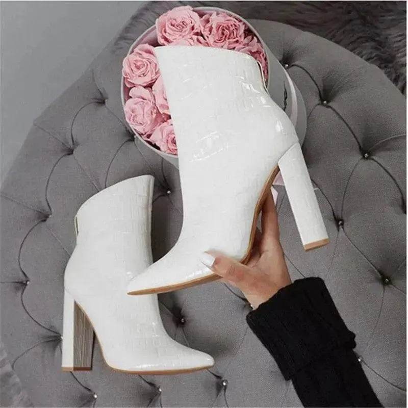 Women Shoes High Heels Leather White Ankle Boots - www.Shopthatapp.com
