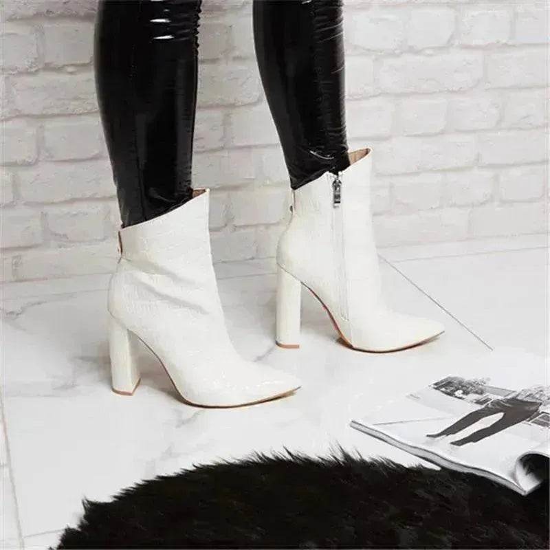 Women Shoes High Heels Leather White Ankle Boots - www.Shopthatapp.com