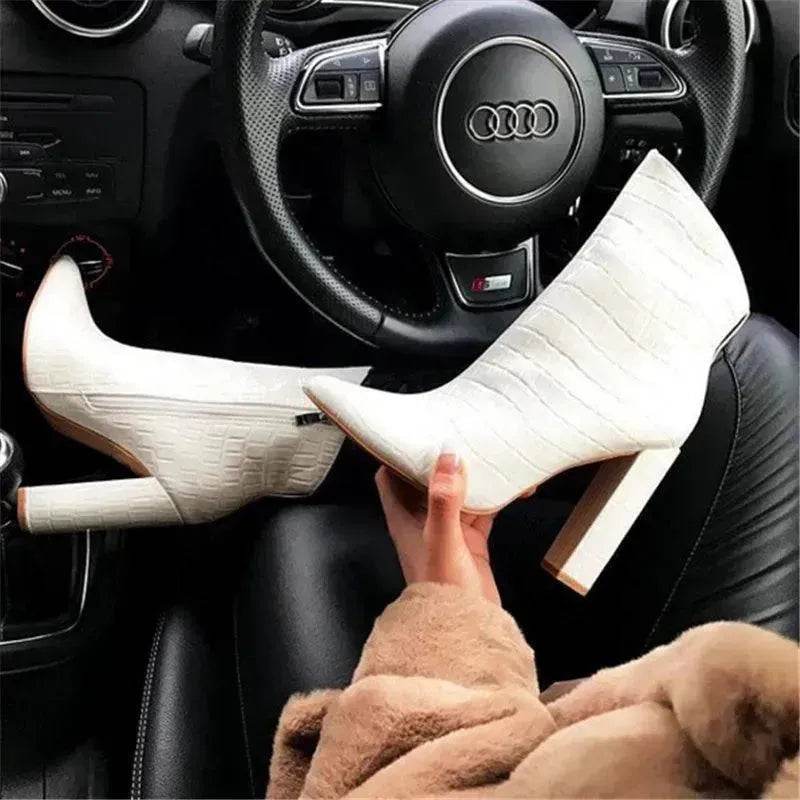 Women Shoes High Heels Leather White Ankle Boots - www.Shopthatapp.com