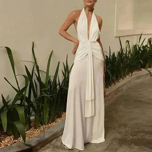 Women Summer Backless  Sleeveless Hanging Neck Pleated White Dress - www.Shopthatapp.com