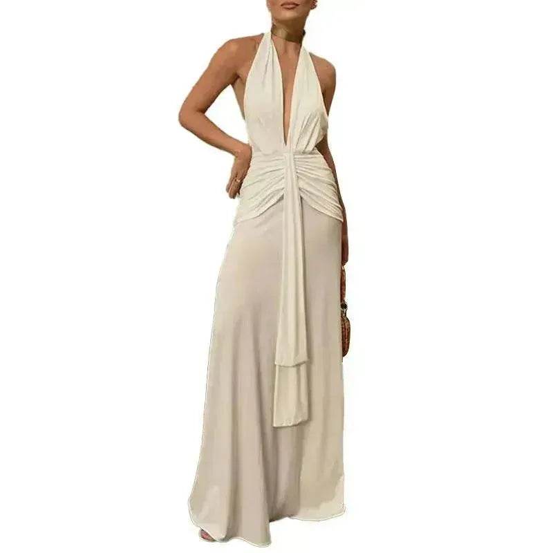 Women Summer Backless  Sleeveless Hanging Neck Pleated White Dress - www.Shopthatapp.com