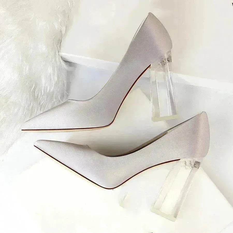 Womens Pumps Shoes Stiletto Satin  Transparent Block High Heels - www.Shopthatapp.com