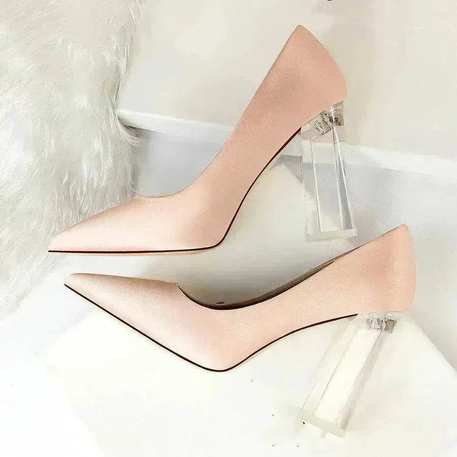 Womens Pumps Shoes Stiletto Satin  Transparent Block High Heels - www.Shopthatapp.com