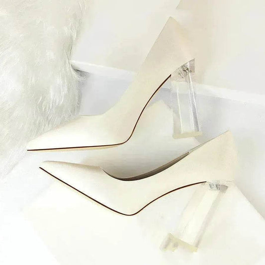 Womens Pumps Shoes Stiletto Satin  Transparent Block High Heels - www.Shopthatapp.com