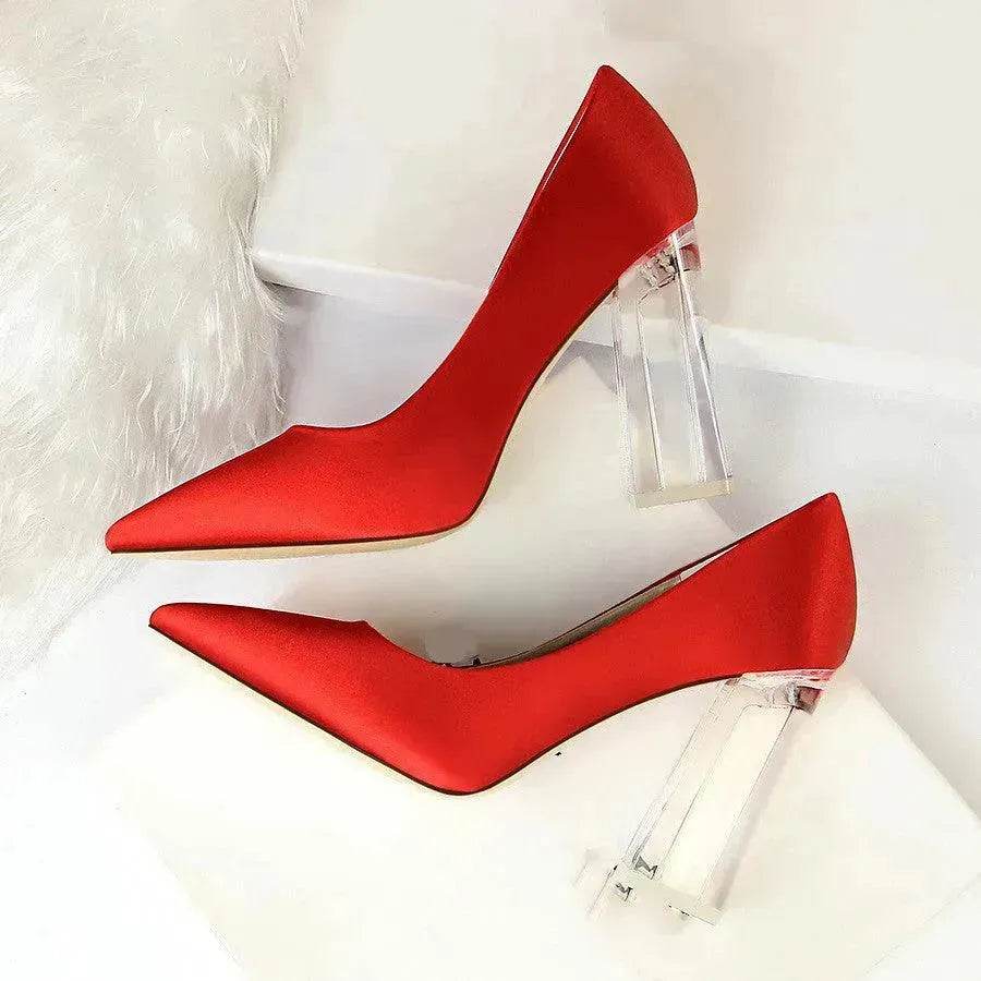 Womens Pumps Shoes Stiletto Satin  Transparent Block High Heels - www.Shopthatapp.com