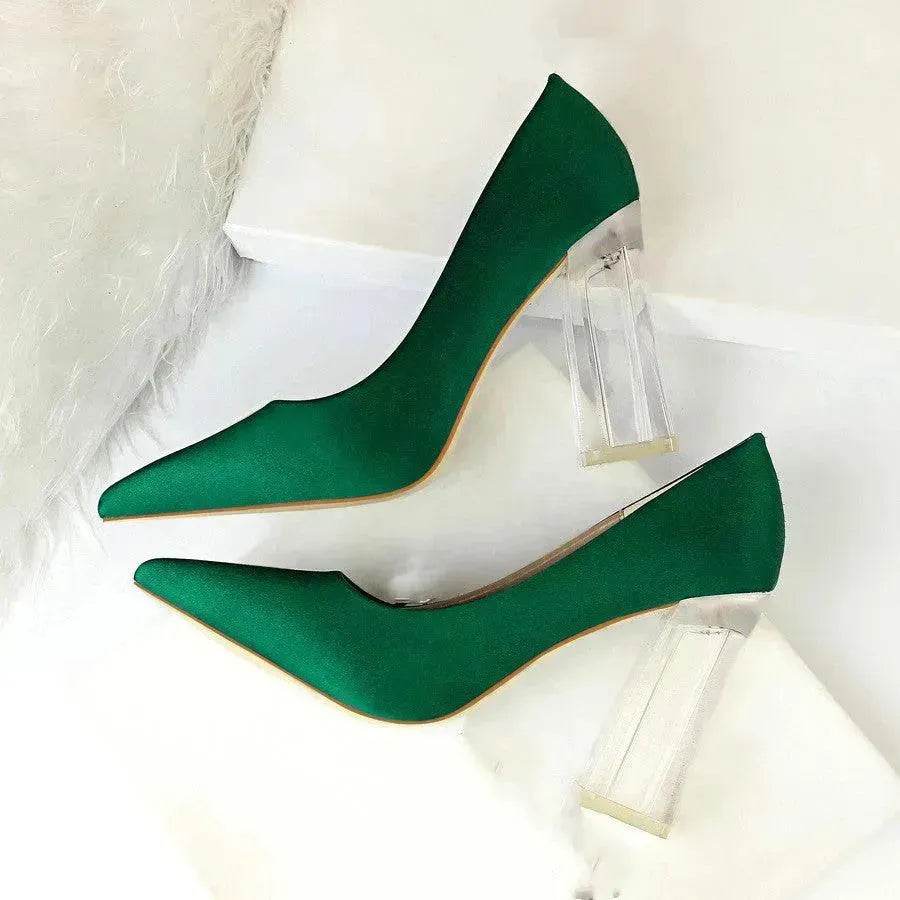 Womens Pumps Shoes Stiletto Satin  Transparent Block High Heels - www.Shopthatapp.com