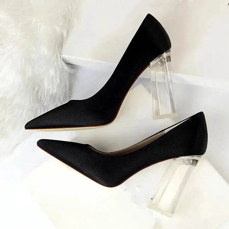 Womens Pumps Shoes Stiletto Satin  Transparent Block High Heels - www.Shopthatapp.com