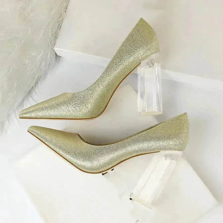 Womens Pumps Shoes Stiletto Satin  Transparent Block High Heels - www.Shopthatapp.com